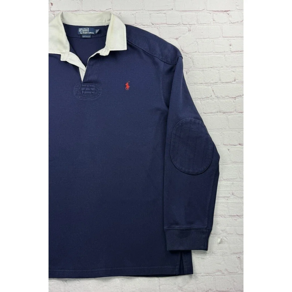 Vintage Polo Ralph Lauren Mens Rugby Polo Shirt Long Sleeve XXL Blue Elbow Patch